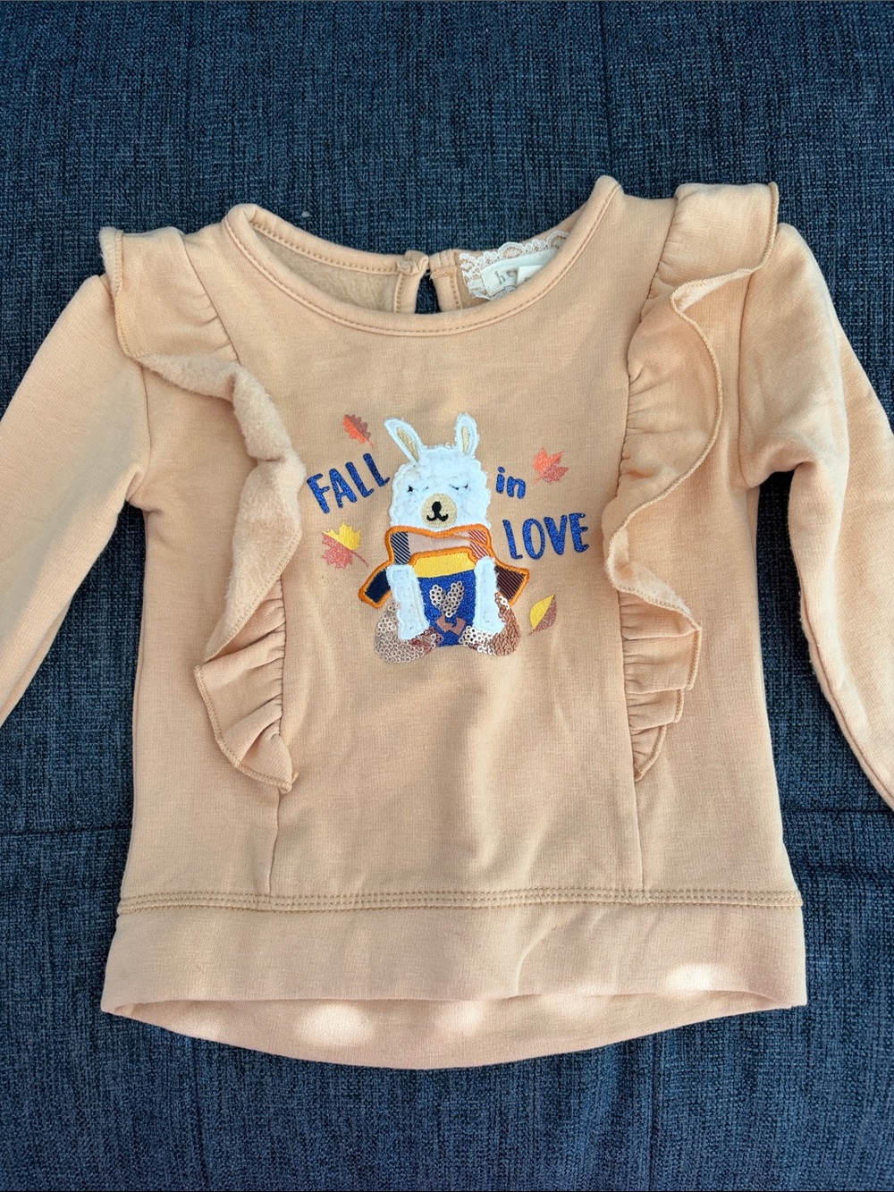 Girls' Long-Sleeve Ruffle Top in Peach with Llama Graphic